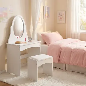 Cute Curved Vanity Stool with Soft Cushion, Small Makeup Bench for Bedroom, Space Saving Dressing Table Seat
