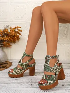 Summer New Ethnic Print Thick Sole Fashionable Sandals Women's Chunky Heel Fish Mouth Buckle Vintage Casual High Heel Roman Shoes