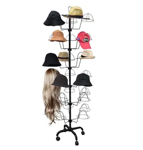 FixtureDisplays 6-Tier Hat Display Rack Free Standing Headwear Wig Rack Metal Floor Rack for Caps, Fits 30 Hats, 22" X 22" X 66"  18164-BLACK-NF