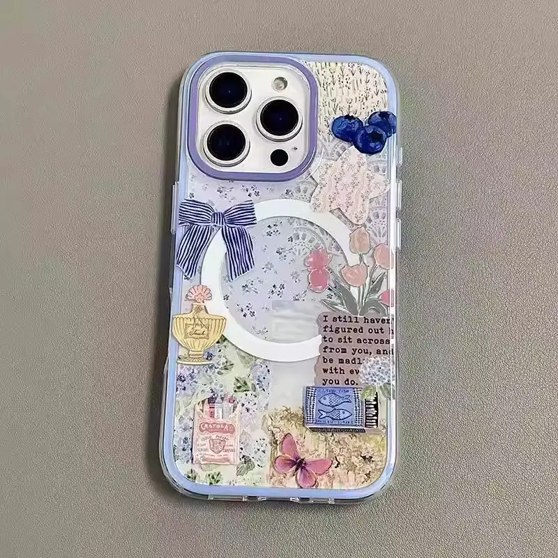 Blue Bow & Blueberry Slogan Patchwork Magnetic Cellphone Casing - 1 PC TPU Handheld Phone Accessory, Shockproof, Drop-Resistant, Anti-Yellowing, Compatible with iPhone 17,16,15,14,13,12,11 Devices