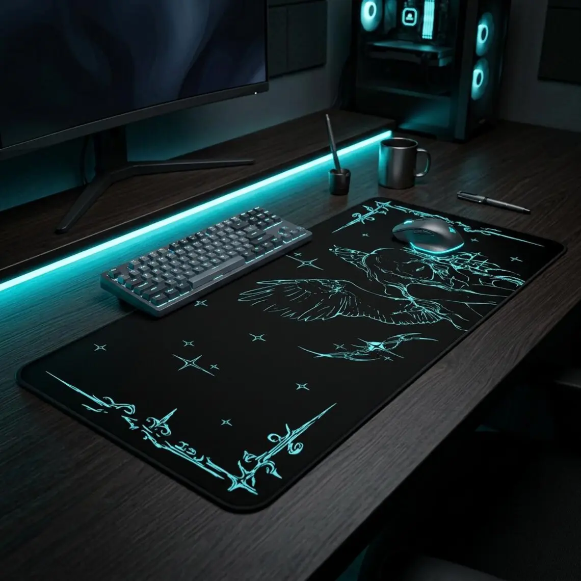 Blue Angel Sketch Desk Mat | Gaming Mouse Pad, Celestial Line Art