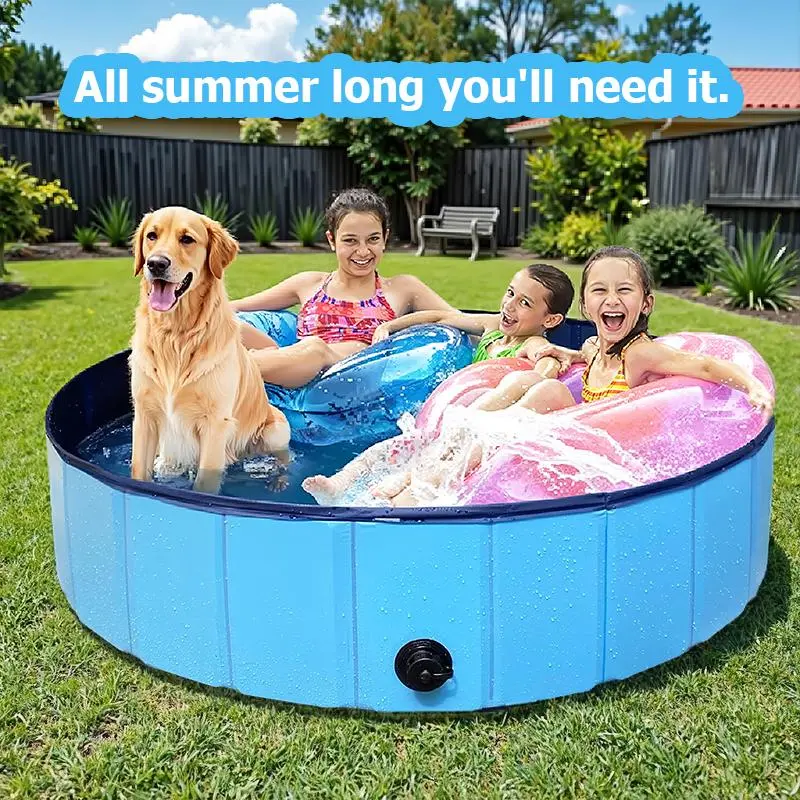 Foldable dog pool hard plastic shell swimming pool extra large space pet puppy bathing tub foldable backyard swimming pool suitable for dogs and children blue Non Inflatable Portable Pool Pool Floaters