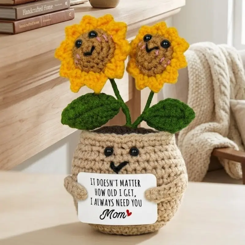 Mini Crocheted Sunflower with Message Card - Birthday Gift, Emotional Support Crocheted Sunflower Ornament for Mom