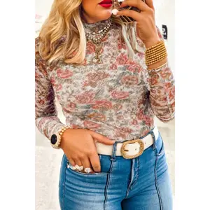 Pink Plus Size Floral Mock Neck Long Sleeve Slim Top