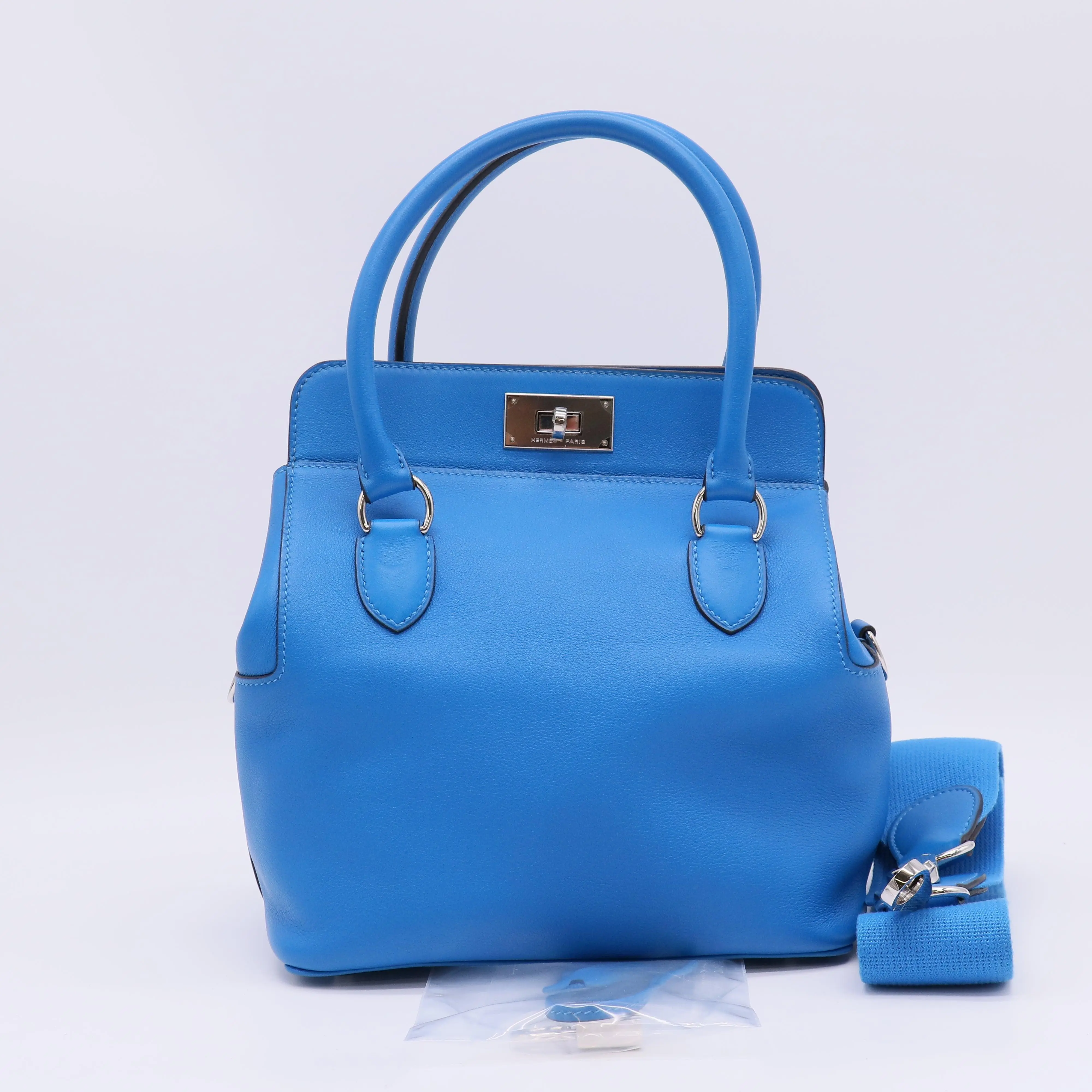Pre-owned HERMÈS Swift Leather top handle Hermes Swift Toolbox 20 Bleu Hydra twins B23215