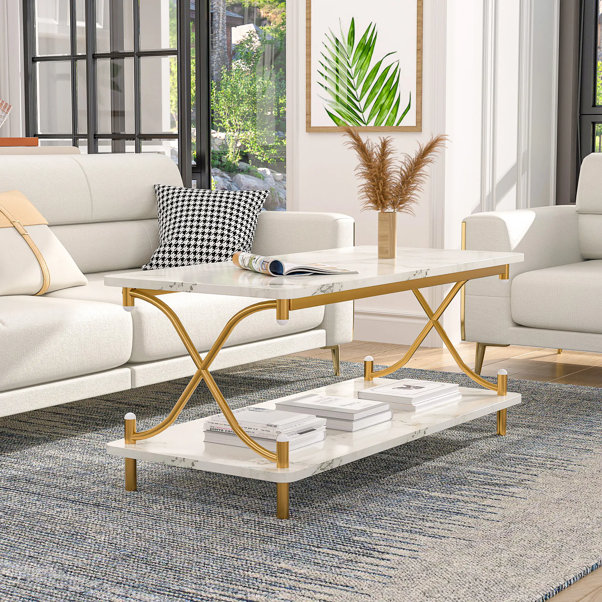 VECELO Coffee Table With Storage And Open Shelves, Modern Rectangle X-Shape Side Metal Frame Wood Console Table For Living Room Office, Brown ,Gold,Black