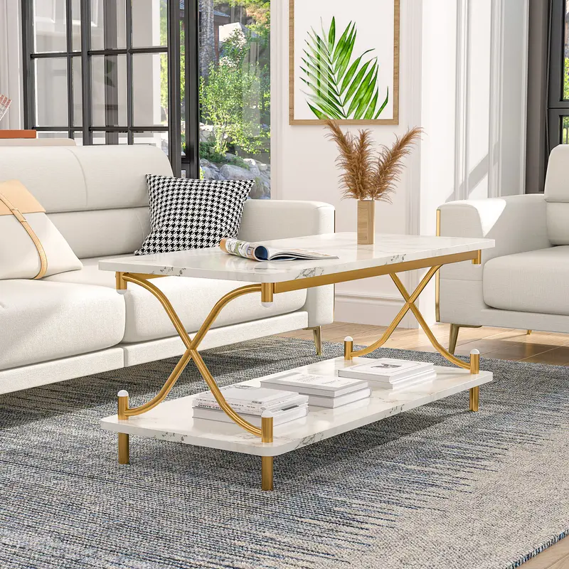 VECELO Rectangle Coffee Table - Heavy-Duty Steel X-Frame Base, Engineered Wood Living Room Furniture with Dual Racks & Open Shelves, Industrial Aesthetic, Versatile Colors, Easy Clean Marble, Sofa Side Table