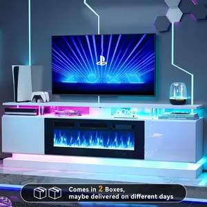 【2 Packages Shipping】70" Fireplace TV Stand Modern Entertainment Center for TVs Up to 80" with Storage Cabinets & RGB Light Strips Black TV Stand and Electric Fireplace