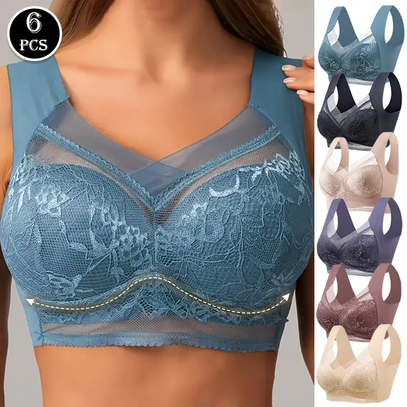 6 Pack Bras for Women, Floral Lace & Mesh Push Up Seamless Bra, Wireless Full-Coverage Padded Lingerie, Mix Colors, 6Pcs Mix Colors