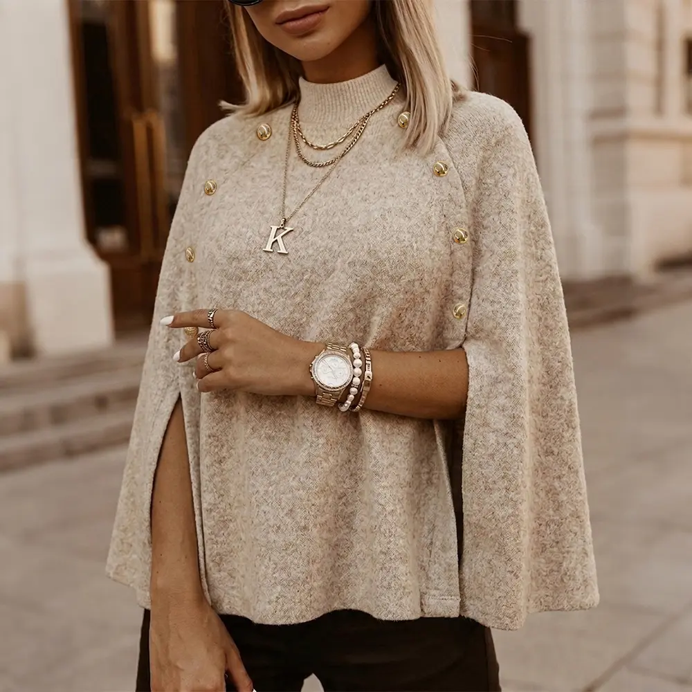 CHICME Women's Mock Neck Cape Knit Sweater Loose Old Money Style Pullover Side Slit Batwing Sleeve Winter Warm Cozy Top