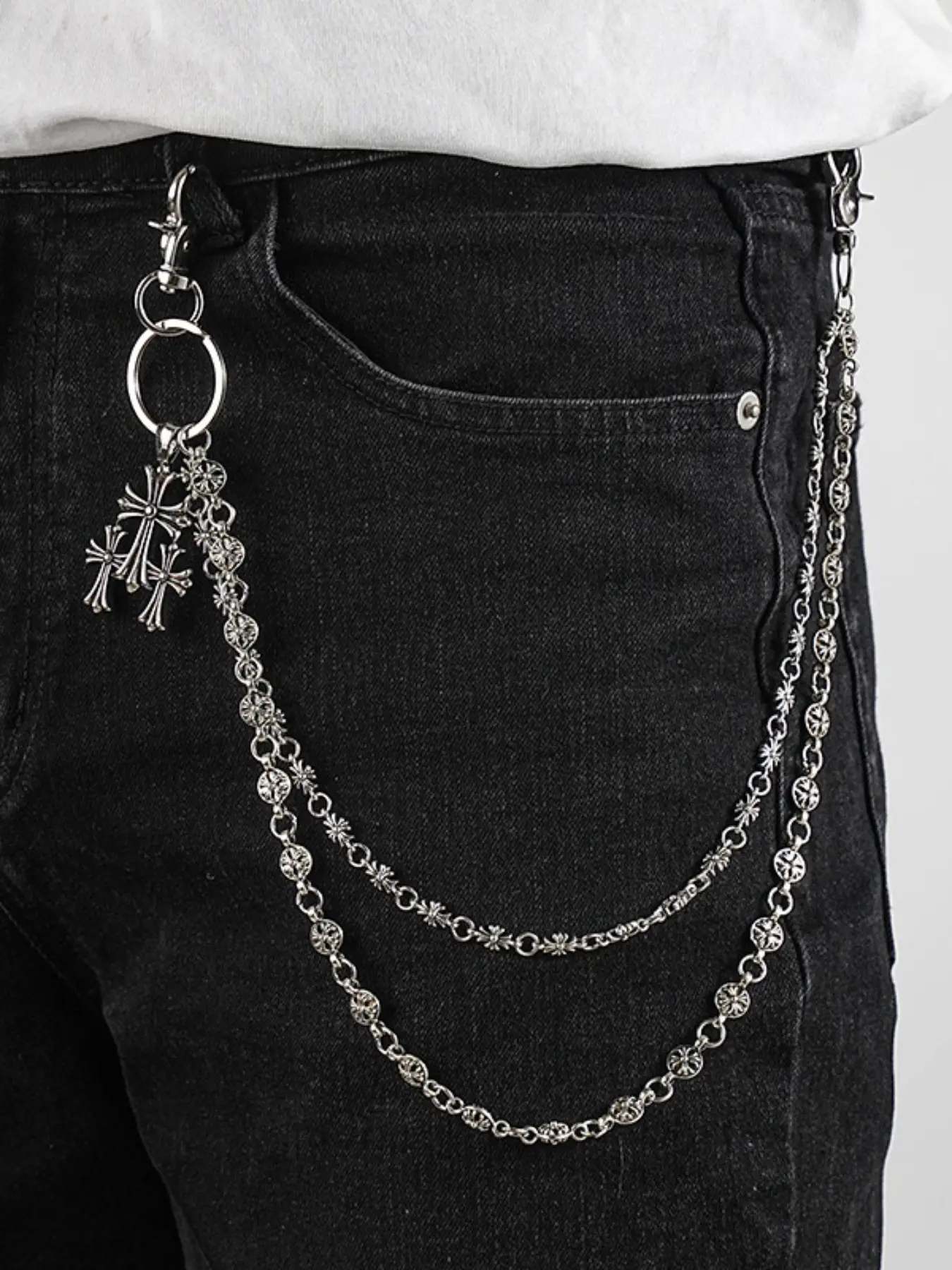 Vintage Cross Chain Wallet and Jeans Waist Chain, Punk Hip-Hop Two-Layer Metal Belt for Men and Women, All-Season Streetwear Accessory