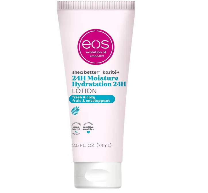 eos 24H Moisture Travel Body Lotion- Fresh & Cozy, Travel Size Essential, Toiletries, Mini Body Lotion, 2.5 fl oz