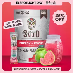 Salud 2-in-1 [Energy + Focus – Guava] Clean Energy Drink Mix, Agua Fresca, Organic Caffeine, B6 & B12, L-Theanine, Drink Packets, Non-GMO, Gluten Free, Vegan, Low Calorie, 1g Sugar (15 Servings)