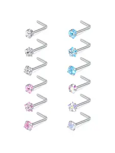 12pcs/set Rhinestone Decor Nose Studs, Stainless Steel Nose Rings, Fashion Body Jewelry for Women & Men
