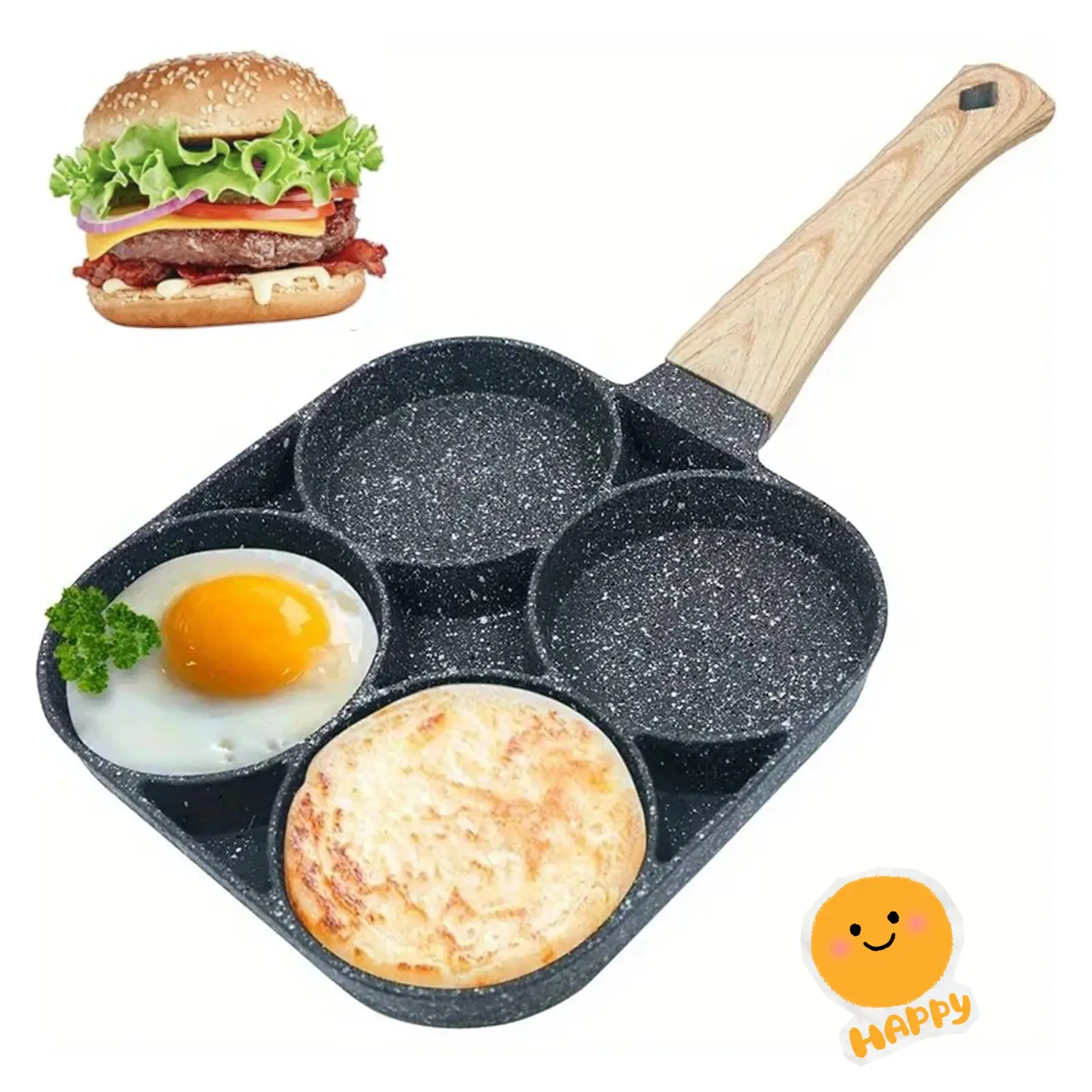 4-Hole Nonstick Frying Pan - Eco-Friendly Skillet with Wooden Handle, Egg Burger Pan for Cooking Omelets, Gas/Induction Cooktop Compatible, Ideal Holiday Gift for Home Kitchen