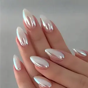 Glossy Pearlescent White Chrome Hailey Press-On Nails, Minimalist Aurora Luxury Medium-Long Almond Removable False Nails, Nail Art Accessories, Ideal for Daily and Date Wear, with Jelly Glue and Nail File Included