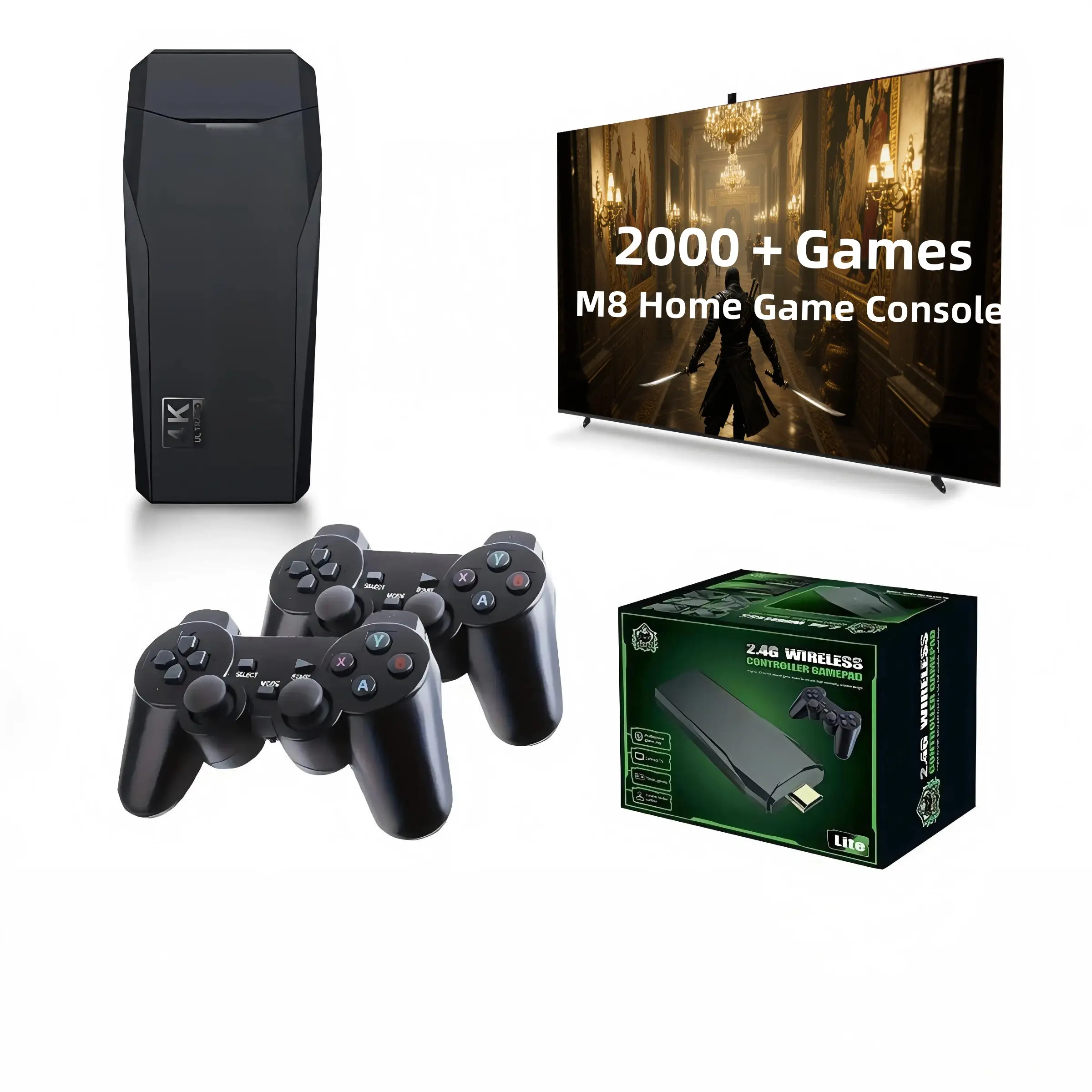 Wireless Game Console Set, Plug & Play Video Game Console with 32G/64G Card, 2 Game Controllers with 4k Game Stick, Professional TV Gaming Machines fo