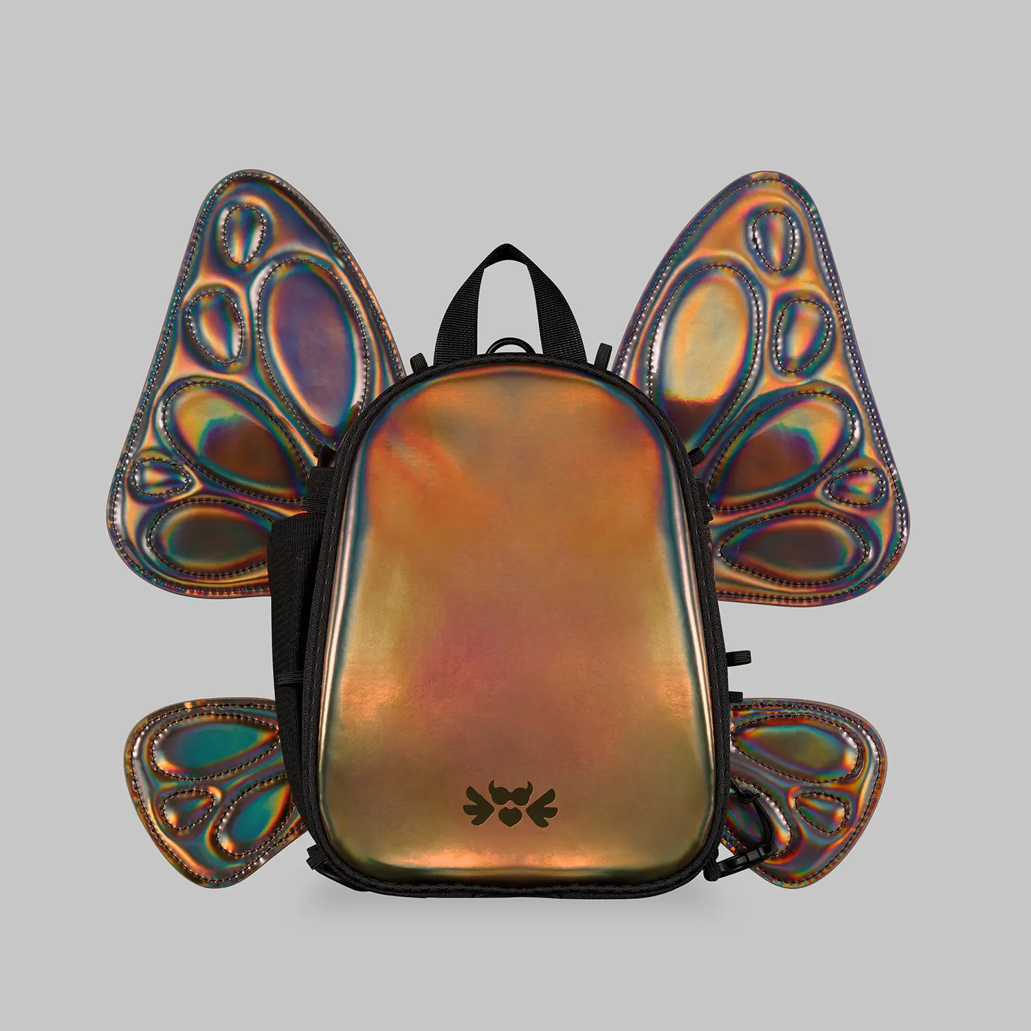 RaveBeetle FLOWt Hydration Festival Pack – Swappable Wing Rave Backpack with 8oz Soft Water Bottle & Light Accessory (Holographic Mocha)
