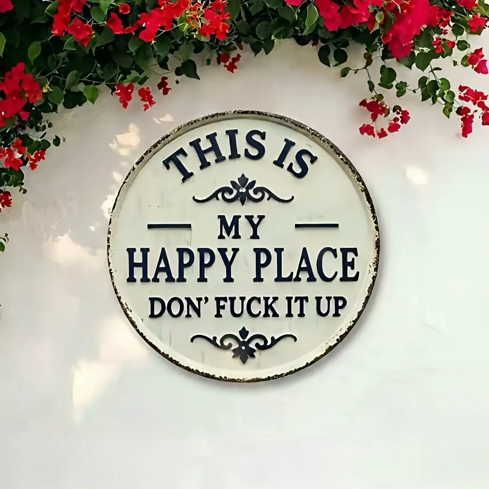 'Welcome to My Happy Place' Wall Decor Metal Sign | Farmhouse Wall Art Plaque | Gift for Mom, Friends & Family | Bedroom Kitchen Bar Decor | summervibes | 8x8 in room outdoorfun Round