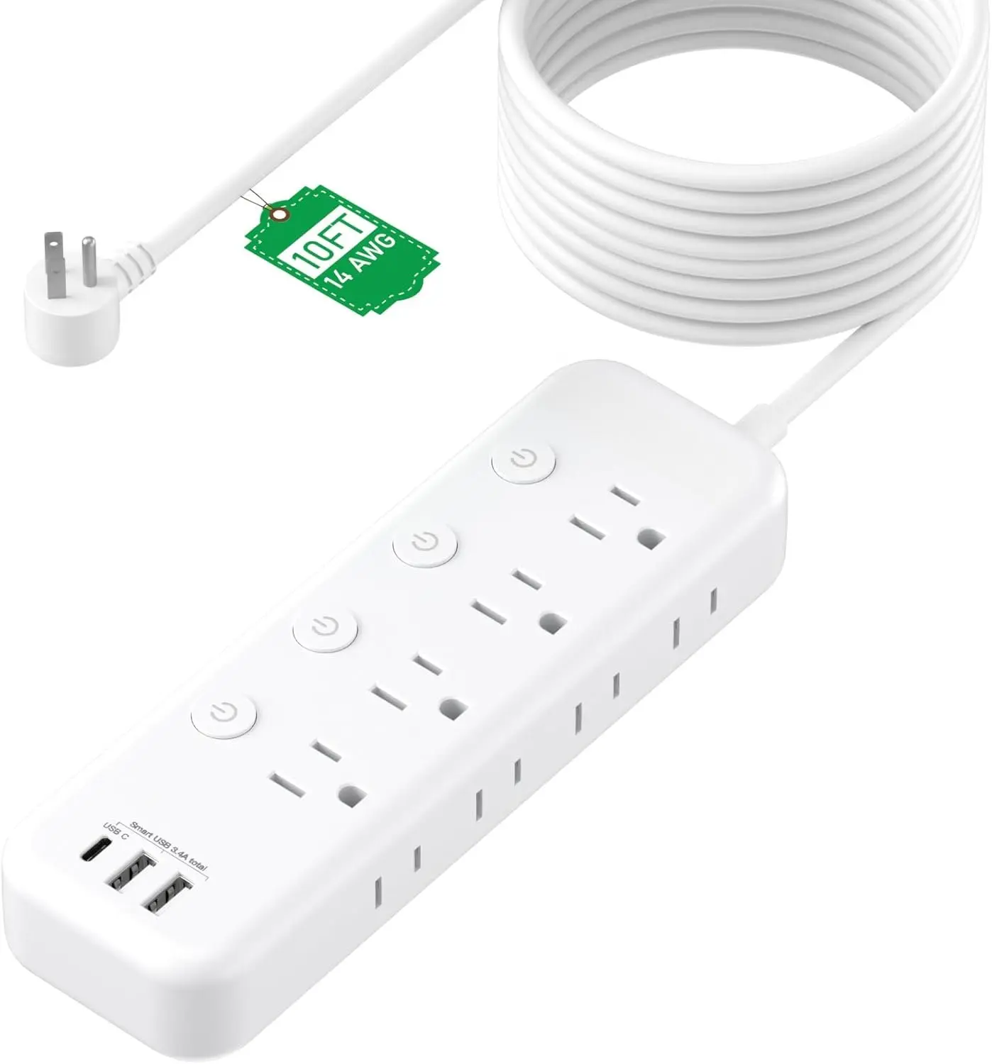 10FT Heavy Duty Extension Cord with Individual Switches on Off, 1875W Appliance Extension Cord with USB Ports, 8 outlets, High Wattage for Microwave, Aquarium, Kitchen, Garage  Have