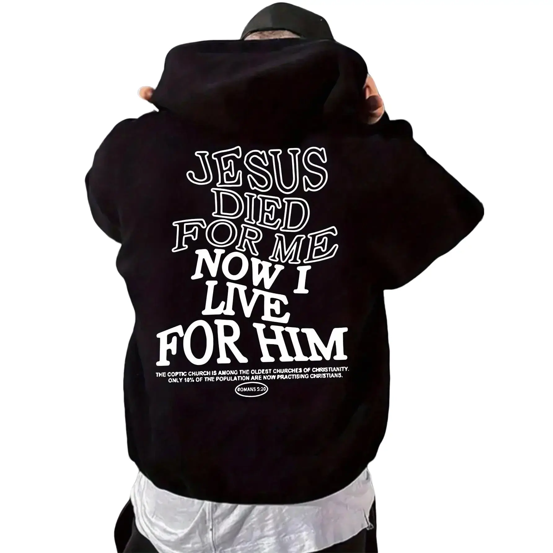 Men's Christian Graphic Hoodie Apparel - Faith Centered 'Jesus Died For Me Now I Live For Him' Meaningful Quote Graphic Print, Long Sleeve Loose-Fit Casual Pullover Sweatshirt, Dry Clean, Medium Length, Faith Print, Everyday