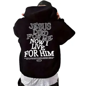Men's Christian Biblical-Themed Graphic Hoodie - Trendy Motif, Monochrome Black Crewneck Long Sleeve Tops, Faith-Centered "Jesus Died For Me Now I Live For Him" Menswear TikTok Must-Have Apparel, Motif Men's Hoodies