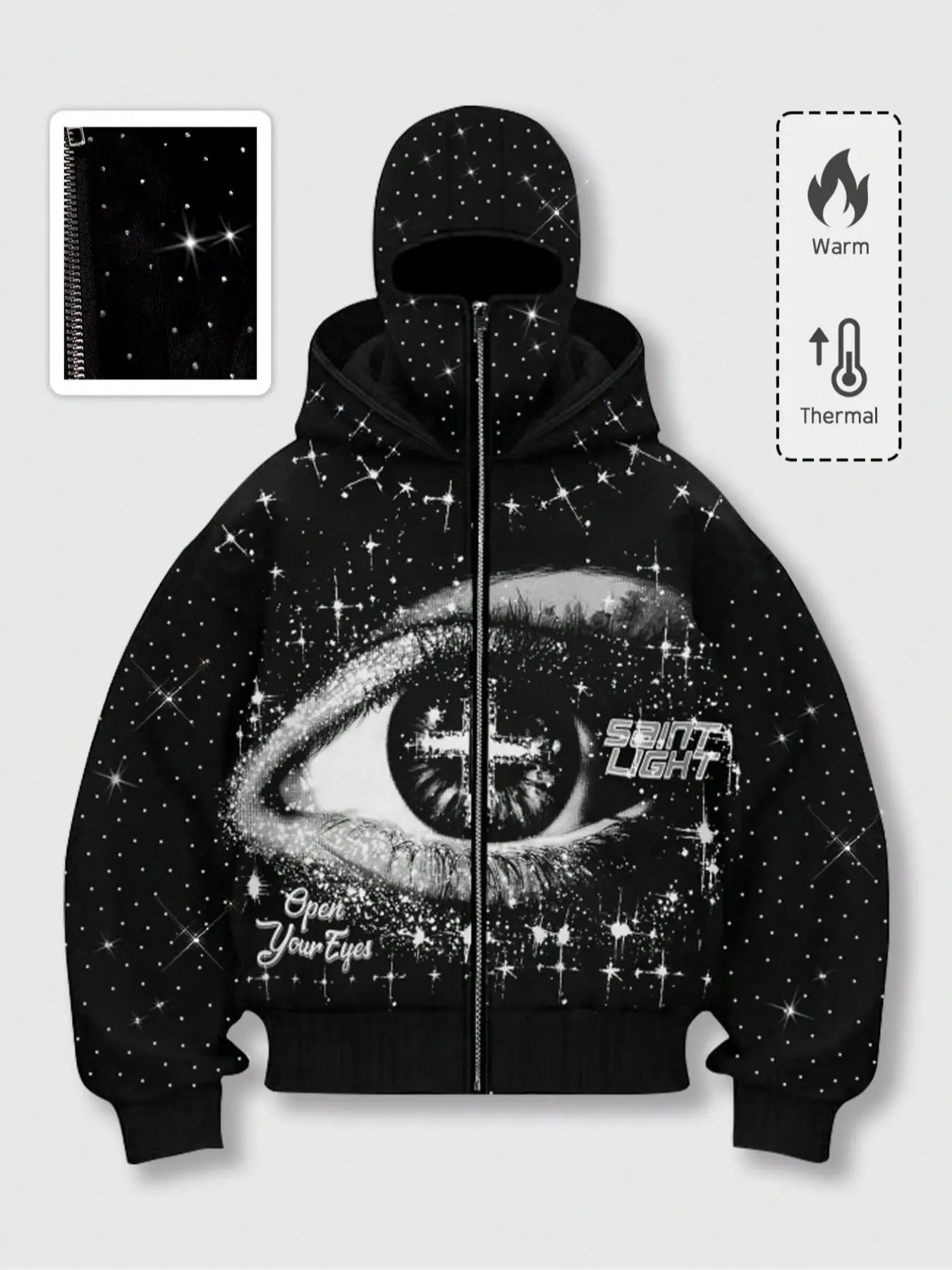 Men's street style Fashion Casual Fashionable rhinestone-decorated windproof hat. There are two hats, with pocket and zipper design, suitable for autumn and winter wear, Hoodie