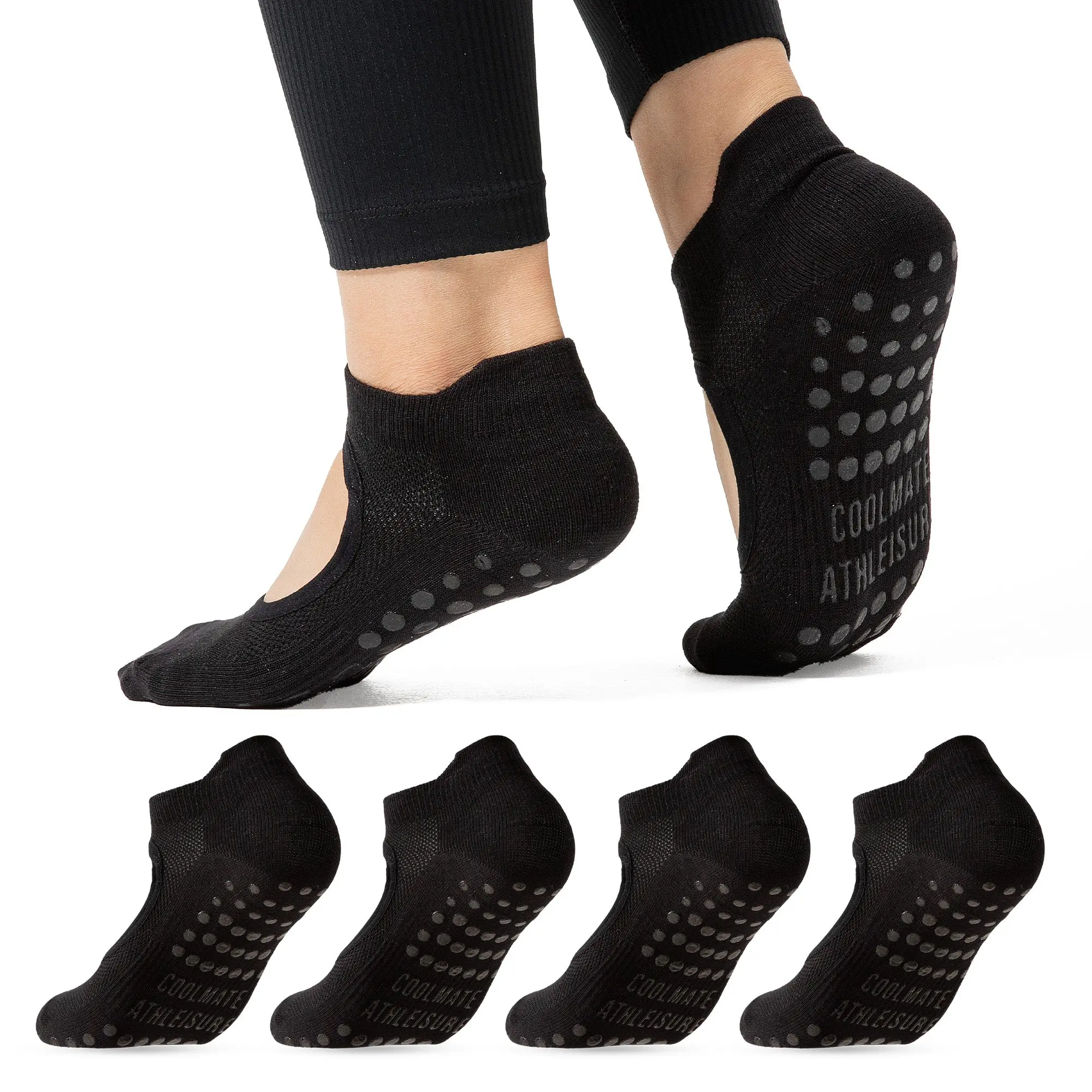 CoolMate Pilates Socks with Grips for Women, Yoga Socks, Crew Non Slip Women for Barre, Pilates Gifts (US, Numeric, 6, 10, Regular, Regular, A-07c. 2 Pairs Black)