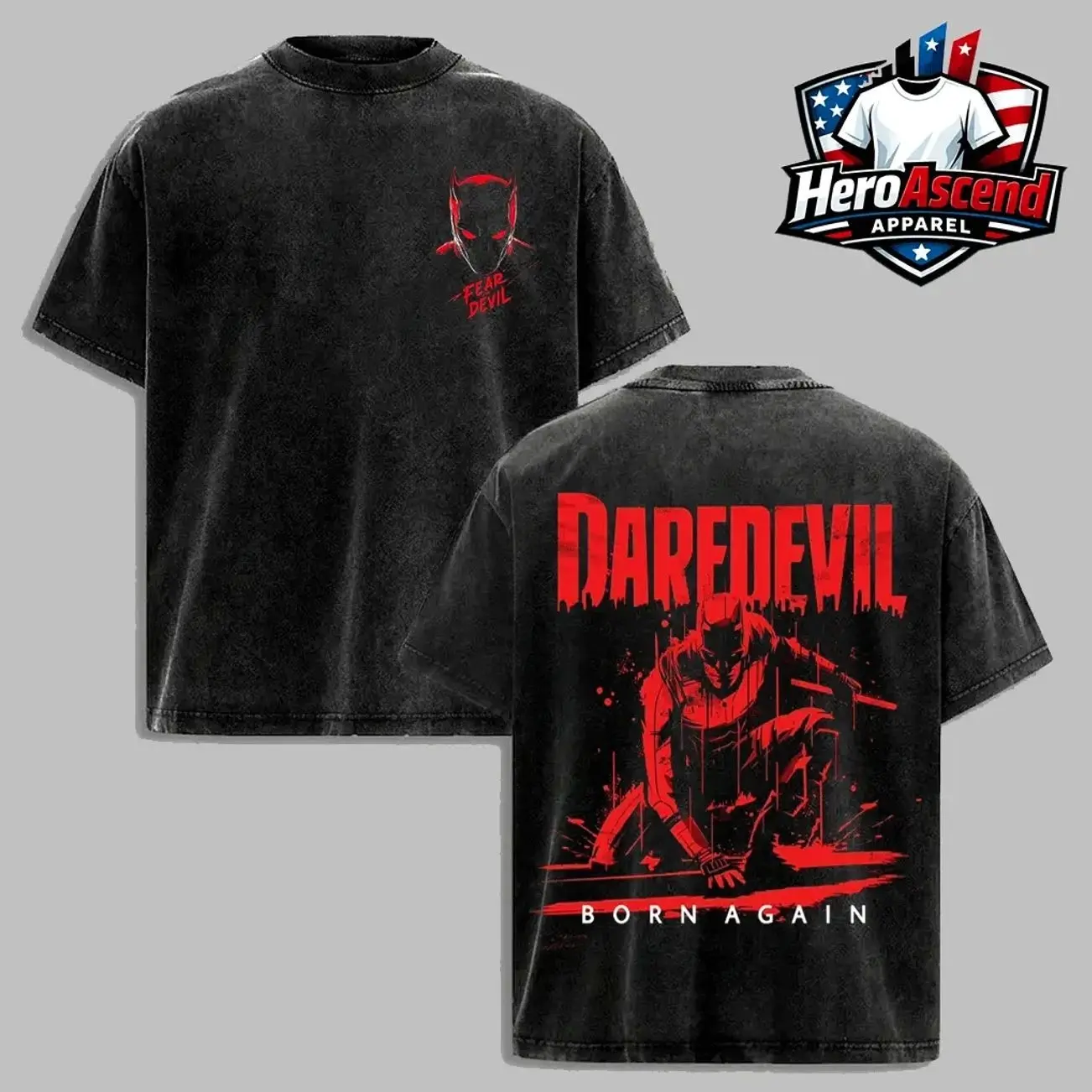 Daredevil “BORN AGAIN” Washed T-Shirt, The Man Without Fear Fans T-Shirt, Daredevil Fans Club T-Shirt, Dark Superhero T-Shirt, Comic Book Fans T-Shirt, Superhero Graphic Tee. 693