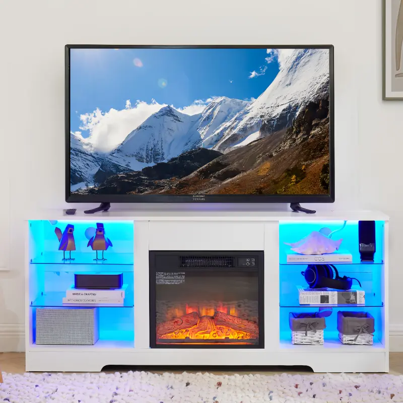 Bellemave 62-Inch Modern Multifunctional TV Stand - Fireplace TV Stand for Living Room, 2-in-1 Electric Fireplace with Adjustable Realistic Flames, 3D LED Lights, Wood Finish, USB Charging, Power Outlets, Easy Cable Management, Fireplace Tv Stands