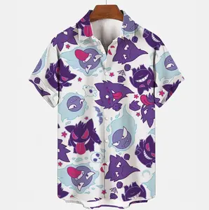 Ghost Type Anime Hawaiian Button Up Shirt, Gengar Gastly Haunter, Mens Clothing Gifts, Christmas, Birthday, Father's Day, Menswear Tropical