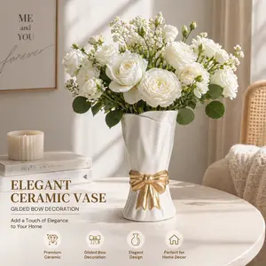 Elegant Ceramic Vase with Gold Bow – Modern Home Decor Flower Vase for Living Room & Bedroom