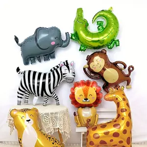 7pcs Jungle Adventure Animal Foil Balloon Set, Safari Theme Birthday Party Decorations, Cartoon Explorer Party Supplies, Vibrant Jungle Theme