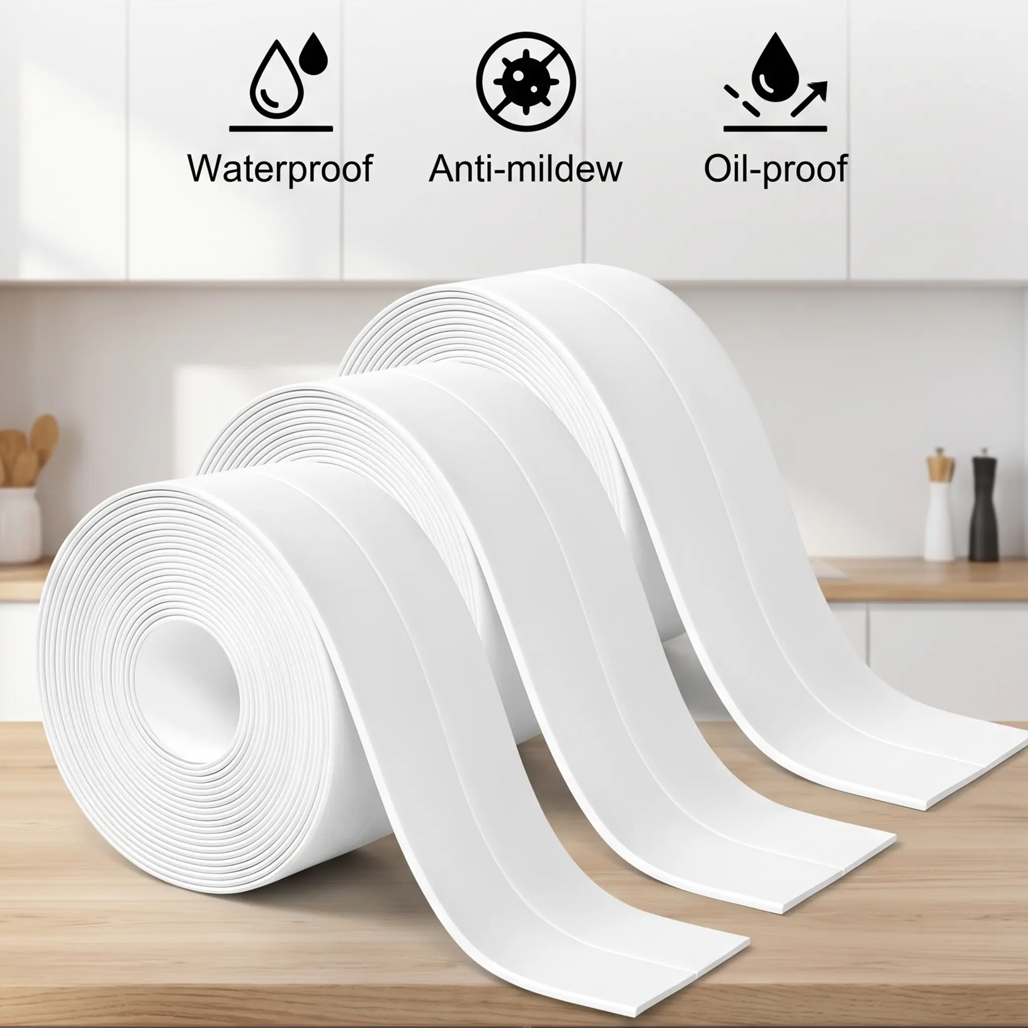 Self-Adhesive White Caulk Tape - 16.4ft Length Waterproof PE Seal Strip, Strong Adhesive No-Residue Seam Tape, Easy-Install Mold-Proof Kitchen Seal for Countertops, Sink