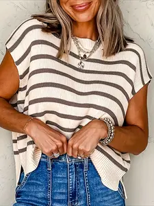 Women's Y2K Striped Crop Top Sweater Vest, Round Neck Sleeveless Knitwear, Casual Fitted Design for All Seasons, Everyday