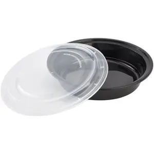 48oz Disposable Black Meal Prep/Bento Box with Clear Dome Lids - Round Plastic Meal Containers - Leak Proof and Reusable Box : Perfect For Salad, Meal Prep and Fruits : Set of 10