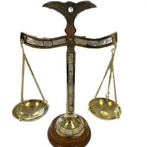 Balance Justice Brass Scales with Elegant Mother-of-Pearl Inlay and Wooden Base for Legal and Decorative Use