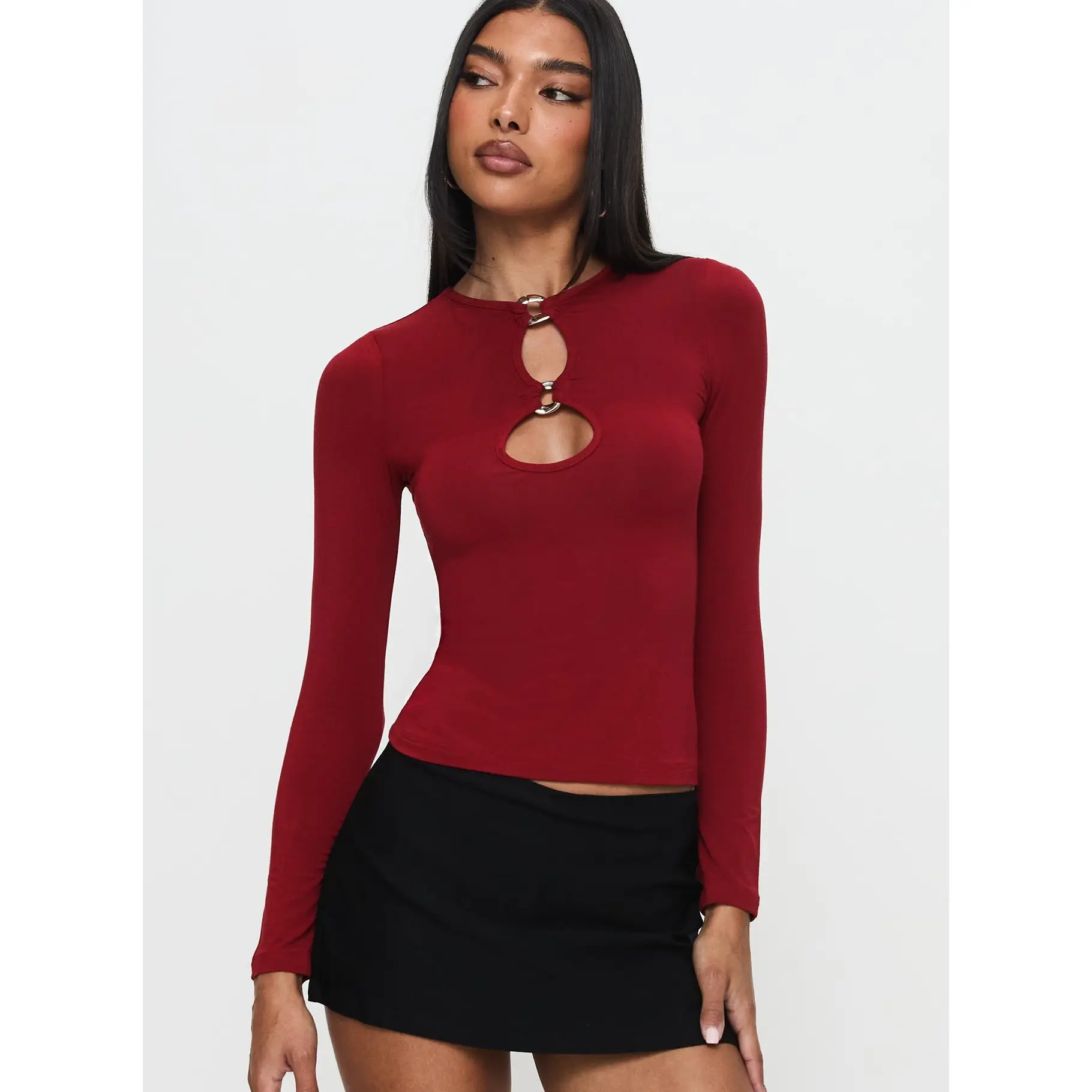 Orlaith Cut Out Long Sleeve Top Burgundy Orlaith Cut Out Long Sleeve Top Burgundy