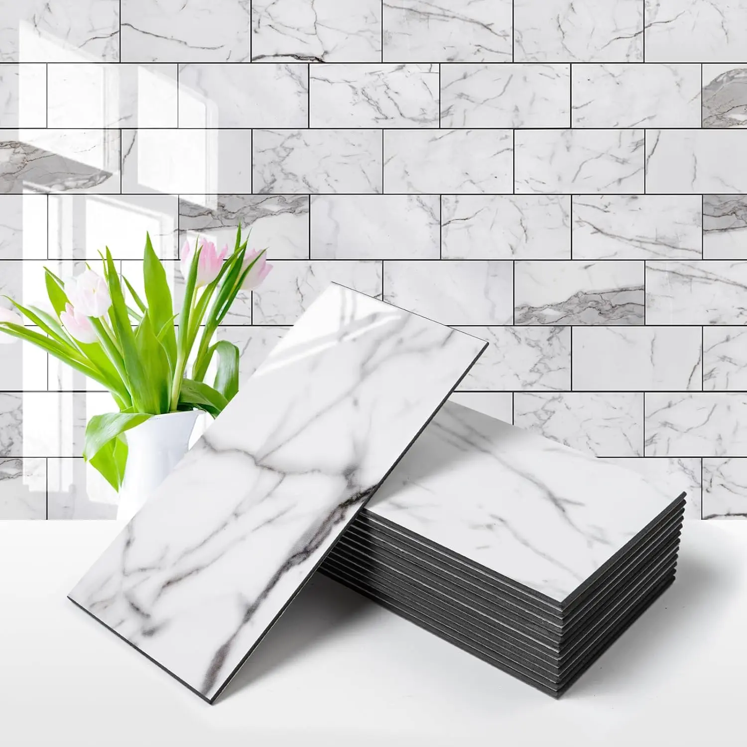 Vamos Tile 100-Piece Glossy Peel and Stick Backsplash Tile,3''x6'' PVC Subway Tile,Stick on Backsplash for Kitchen/Bathroom/Fireplace