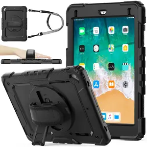 Case for iPad 6th / 5th Generation Case/Air 2 / Pro 9.7 inch, Heavy Duty Protective with Screen Protector, with Pencil Holder, Hand Strap,  Strap, 360 Rotate Stand, Black