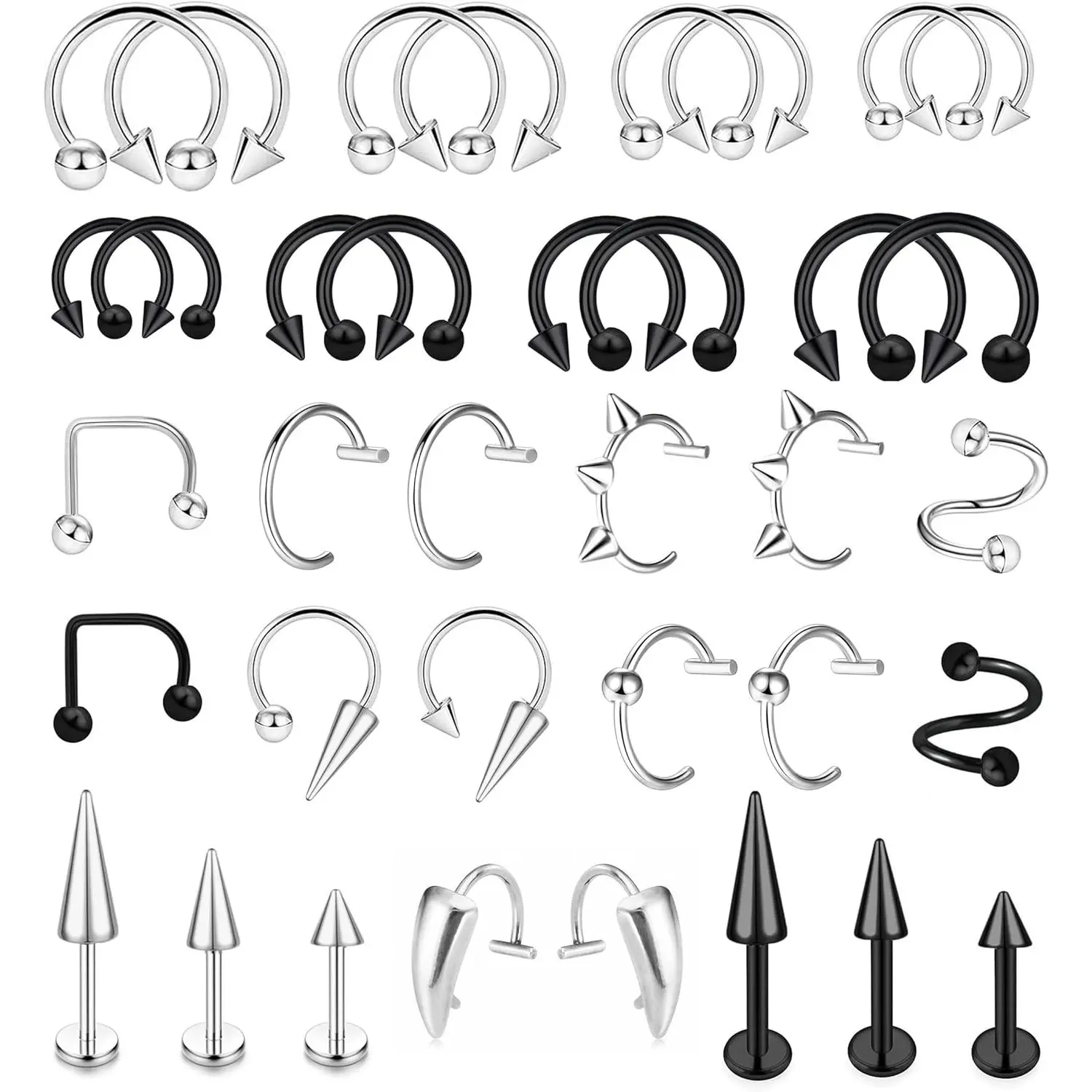 36 count 16G Stainless Steel Lip Rings for Women Men Snake Bite  Labret  Monroe Barbell Spike Nose Stud
