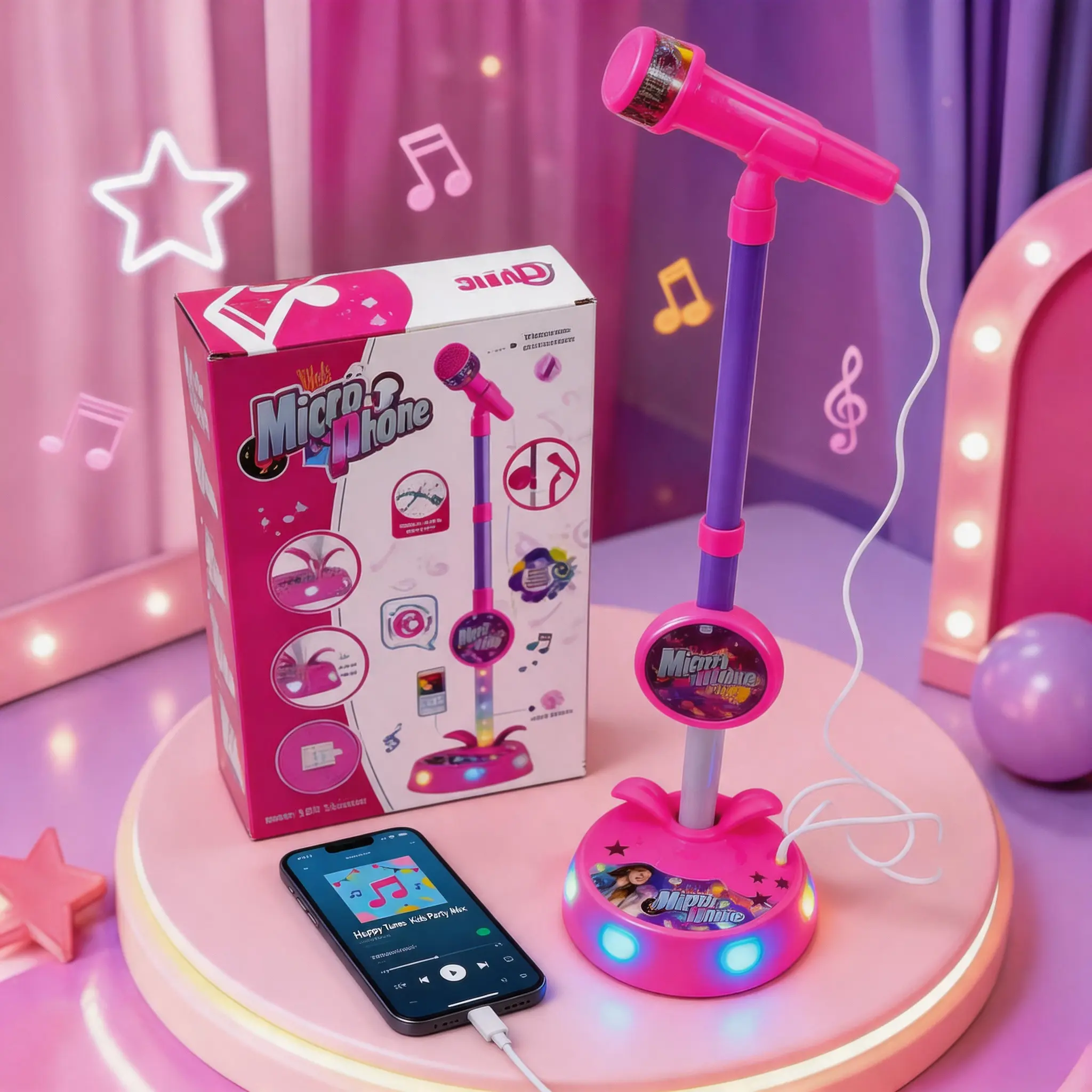 Kids' Toddler Karaoke Machine Toy Set - Karaoke System, Colorful Flash Base Lights, Adjustable Design, Aux Plug-in, Confidence Boosting, Gift Box Surprise Birthday Gift
