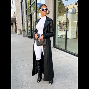 Women's solid color button front long line leather coat, casual long sleeved lapel coat, autumn and winter women's daily clothingGift