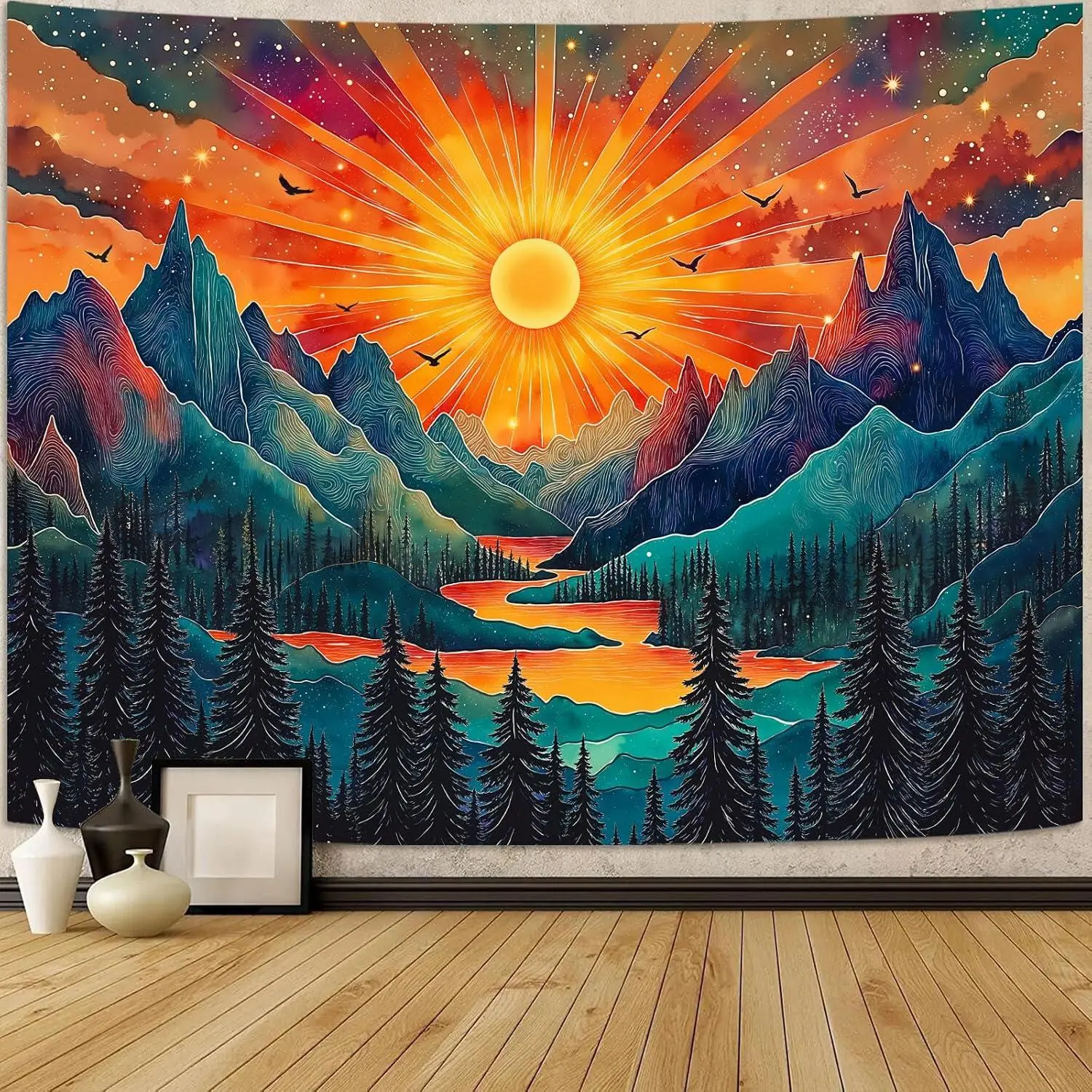 Zussun Vintage Sun Mountain Tapestry Hippie Boho Nature Forest Tree Wall Tapestry for Bedroom Aesthetic Sunset River Landscape Small Tapestries Wall Hanging for Dorm Living Room Decor 60 x 44 Inch Gift