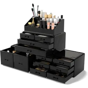 Makeup cosmetic organizer storage drawers display boxes case with 12 drawers black