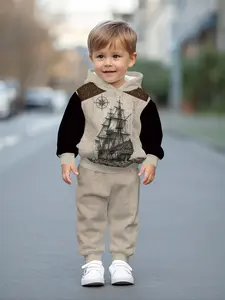 Retro sailing ship compass digital printed casual hooded sweatshirt for kids, hooded sweatshirt sets for baby boys, comfortable casual outfits suitable for daily outings, trendy and versatile gifts for boys