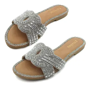 Women's Fancy Sparkly Glitter Rhinestone Flat Sandals Slide Open Toe Footwear Girl Fashion Comfortable Summer Casual Dress Shoes for Wedding Party Daily Wear