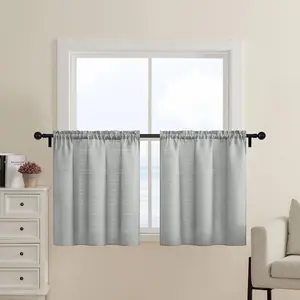 Grey Waffle Bathroom Window Curtains, Short Water Repellent Rod Pocket for Small Kitchen Window, 30 W X 24 L Inch Each