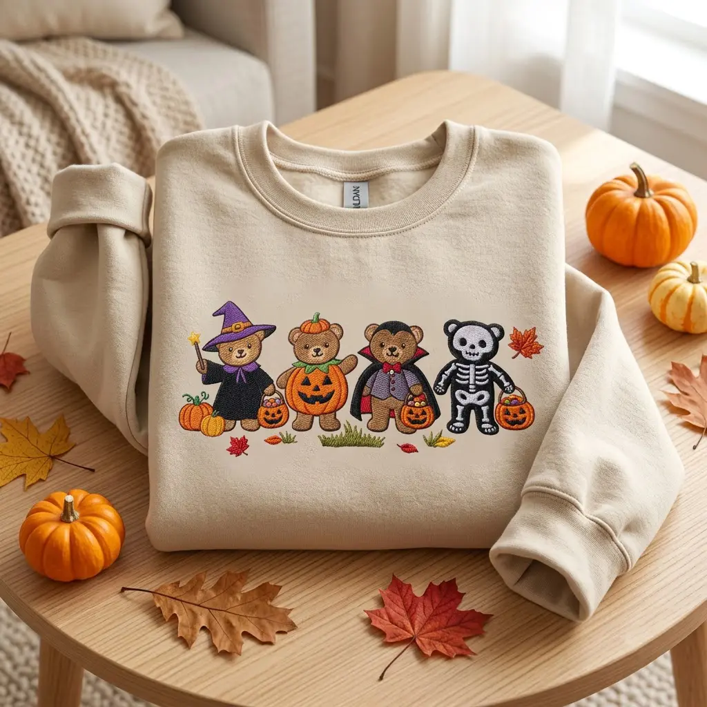 Embroidered Halloween Bear Sweatshirt, Cute Fall Teddy Bear Crewneck, Spooky Season Witch Skeleton Vampire Costume Cozy Jumper Sweater