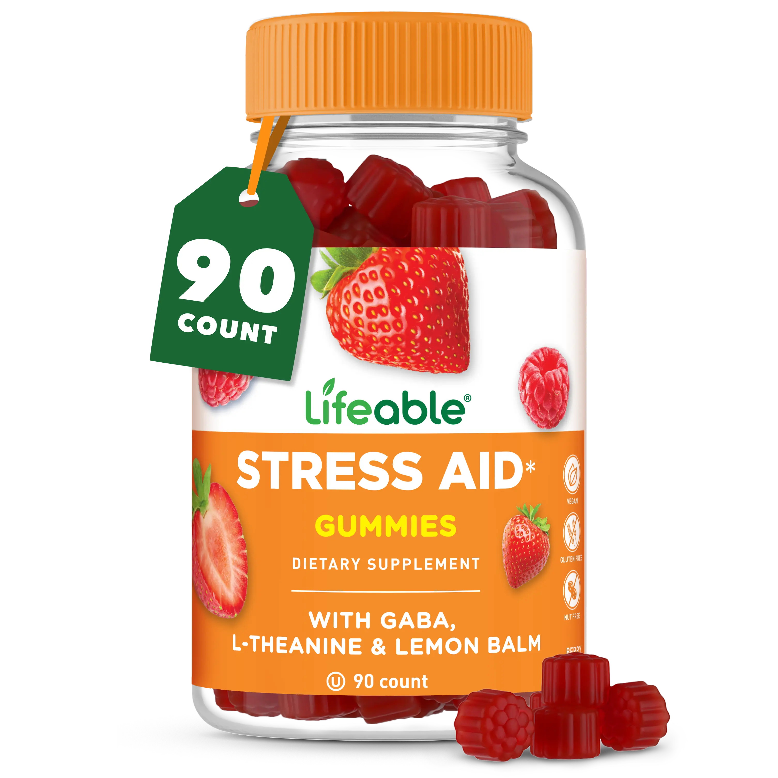 Lifeable Stress Aid Gummies | with Lemon Balm, GABA And L Theanine Supplements | Vegan Non GMO Mood Support Supplement | Great Tasing Stress Vitamins | L-Theanine for Women and Men | 90 Gummies